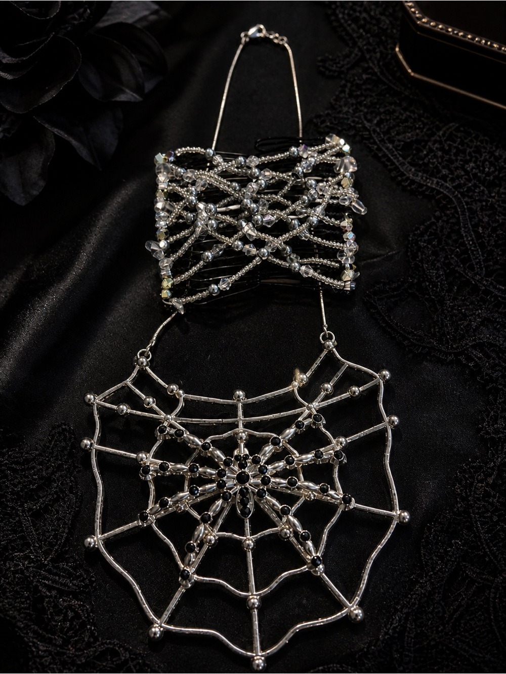 Gothic Spider Jewelry Set | Statement Necklace + Beaded Hair Comb Edgy